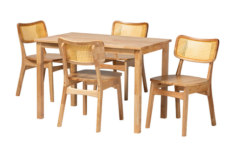 Baxton Studio Dulcet Mid-Century Modern Oak Brown Finished Wood and Rattan 5-Piece Dining Set