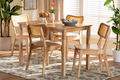Baxton Studio Dulcet Mid-Century Modern Oak Brown Finished Wood and Rattan 5-Piece Dining Set
