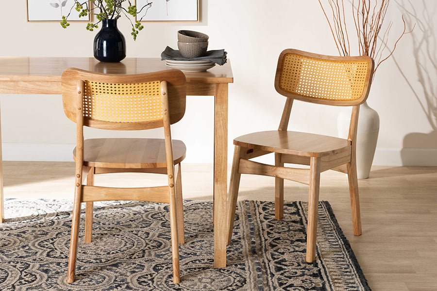 Baxton Studio Tadeo Mid-Century Modern Oak Brown Finished Wood and Rattan 2-Piece Dining Chair Set