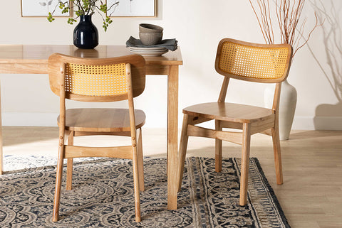 Baxton Studio Tadeo Mid-Century Modern Oak Brown Finished Wood and Rattan 2-Piece Dining Chair Set