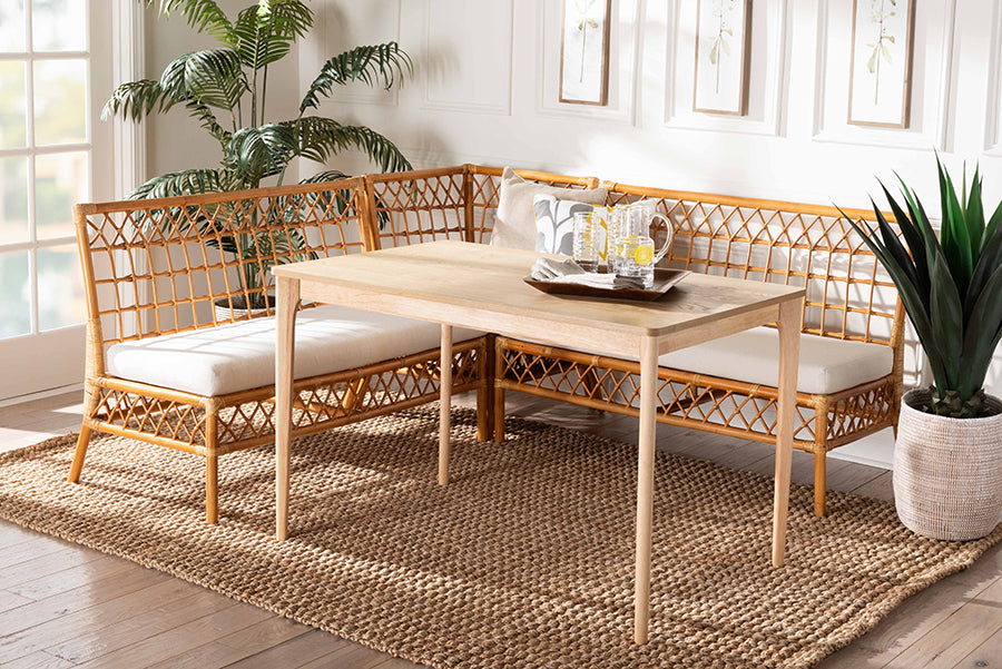 bali & pari Adora Modern Bohemian Honey Rattan 4-Piece Dining Nook Set
