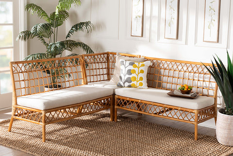 bali & pari Capella Modern Bohemian Honey Rattan 3-Piece Dining Nook Banquette Set