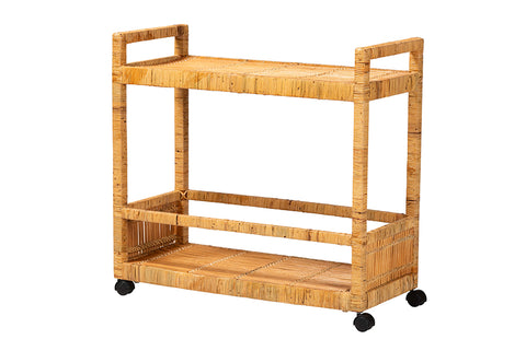 bali & pari Genet Modern Bohemian Natural Brown Rattan and Teak Wood 2-Tier Kitchen Cart