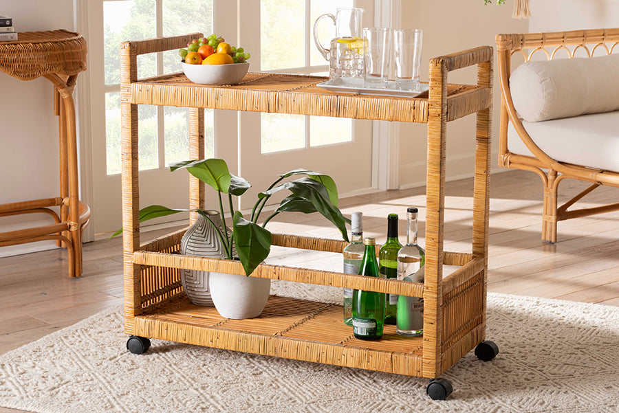 bali & pari Genet Modern Bohemian Natural Brown Rattan and Teak Wood 2-Tier Kitchen Cart