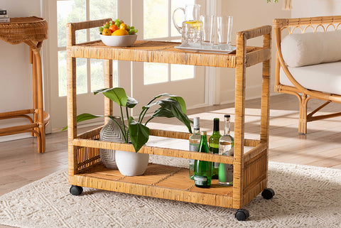 bali & pari Genet Modern Bohemian Natural Brown Rattan and Teak Wood 2-Tier Kitchen Cart