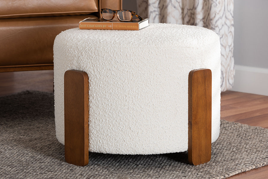 Baxton Studio Finlay Modern Japandi Cream Boucle Fabric and Walnut Brown Finished Wood Ottoman Footstool