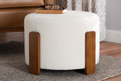 Baxton Studio Finlay Modern Japandi Cream Boucle Fabric and Walnut Brown Finished Wood Ottoman Footstool