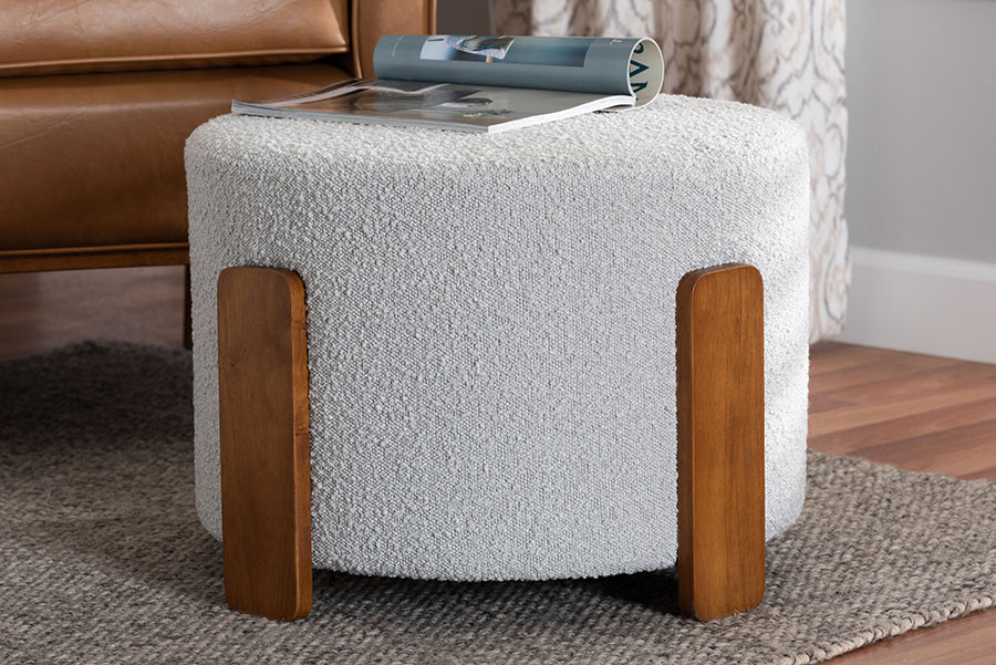 Baxton Studio Finlay Modern Japandi Light Grey Boucle Fabric and Walnut Brown Finished Wood Ottoman Footstool