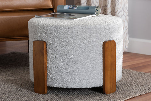 Baxton Studio Finlay Modern Japandi Light Grey Boucle Fabric and Walnut Brown Finished Wood Ottoman Footstool