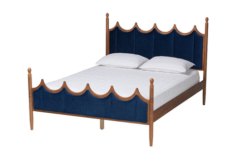 Baxton Studio Calgary Retro-Modern Royal Blue Velvet Fabric and Walnut Brown Wood Queen Size Platform Bed