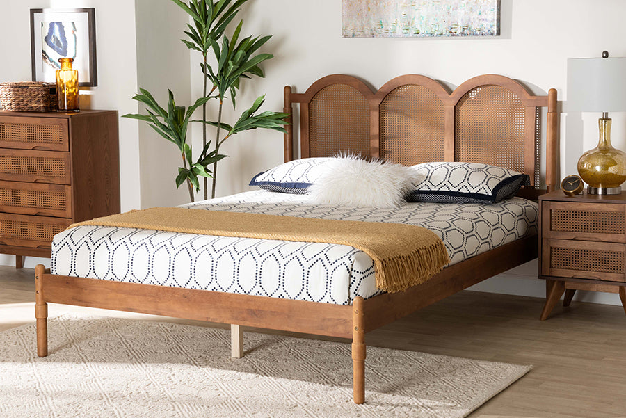 Baxton Studio Thatcher Mid-Century Modern Walnut Brown Finished Wood Queen Size Platform Bed with Woven Rattan