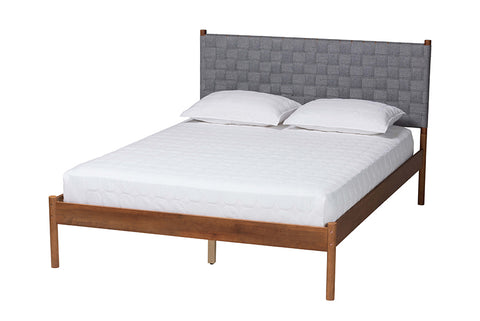 Baxton Studio Estela Mid-Century Modern Grey Woven Fabric and Walnut Brown Wood Queen Size Platform Bed