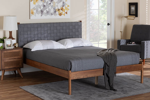 Baxton Studio Estela Mid-Century Modern Grey Woven Fabric and Walnut Brown Wood Queen Size Platform Bed