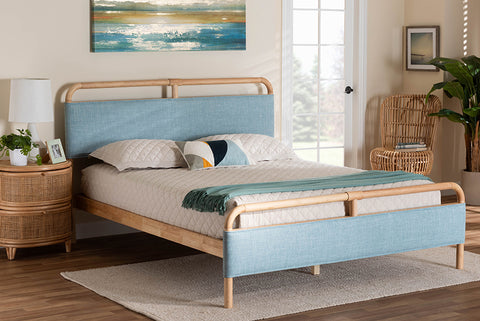 Baxton Studio Mateo Modern and Contemporary Baby Blue Fabric and Natural Wood Queen Size Platform Bed