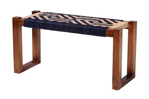 bali & pari Prunella Modern Bohemian Two-Tone Navy Blue and Natural Brown Seagrass and Acacia Wood Accent Bench