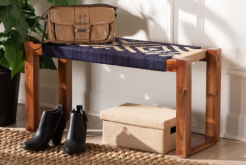 bali & pari Prunella Modern Bohemian Two-Tone Navy Blue and Natural Brown Seagrass and Acacia Wood Accent Bench