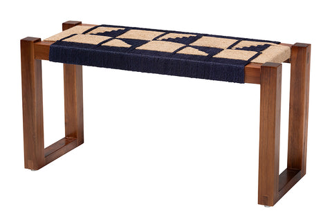 bali & pari Jerilyn Modern Bohemian Two-Tone Navy Blue and Natura Brown Seagrass and Acacia Wood Accent Bench