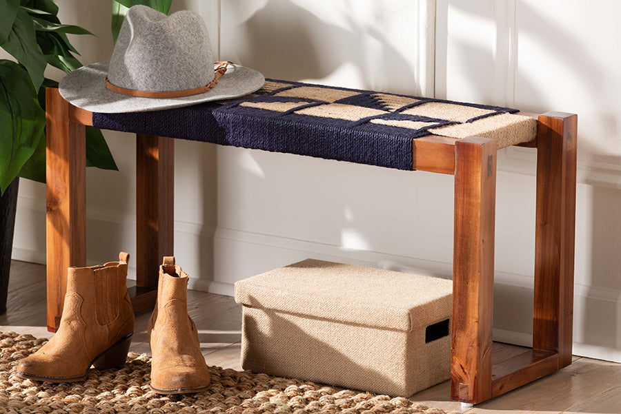 bali & pari Jerilyn Modern Bohemian Two-Tone Navy Blue and Natura Brown Seagrass and Acacia Wood Accent Bench