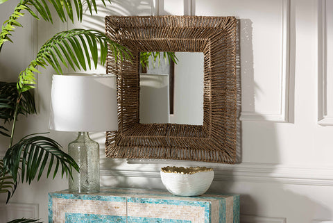 bali & pari Collice Modern Bohemian Metal and Natural Brown Seagrass Accent Wall Mirror