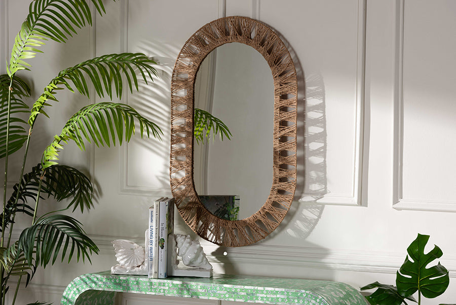 bali & pari Geona Modern Bohemian Metal and Natural Brown Seagrass Accent Wall Mirror