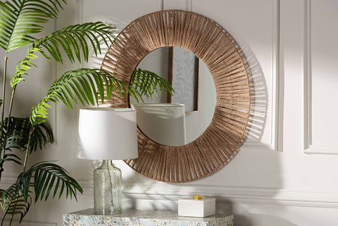 bali & pari Leala Modern Bohemian Metal and Natural Brown Seagrass Accent Wall Mirror