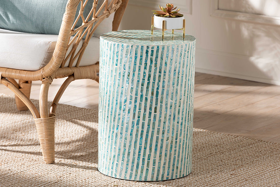 Baxton Studio Draven Modern Bohemian White and Blue Mother of Pearl End Table