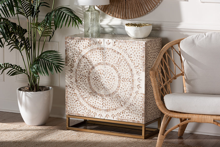 Baxton Studio Ercilia Modern Bohemian White and Rustic Brown Mother of Pearl Storage Cabinet