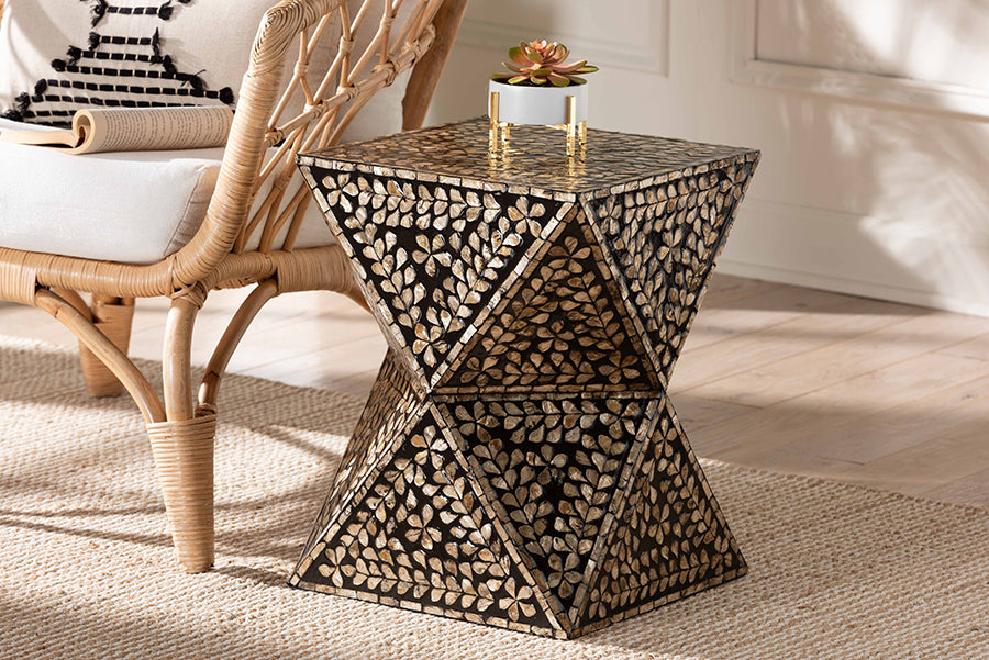 Baxton Studio Feronia Modern Bohemian Black and Bronze Mother of Pearl End Table