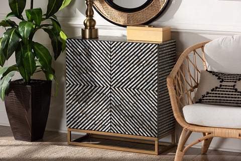 Baxton Studio Belenus Modern Bohemian Two-Tone Black and Grey Mother of Pearl and Gold Metal Storage Cabinet