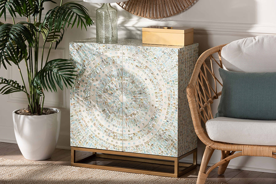 Baxton Studio Quintus Modern Bohemian Multicolor Mother of Pearl and Gold Metal Storage Cabinet