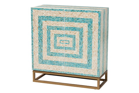 Baxton Studio Utari Modern Bohemian Two-Tone Beige and Blue Mother of Pearl and Gold Metal Storage Cabinet