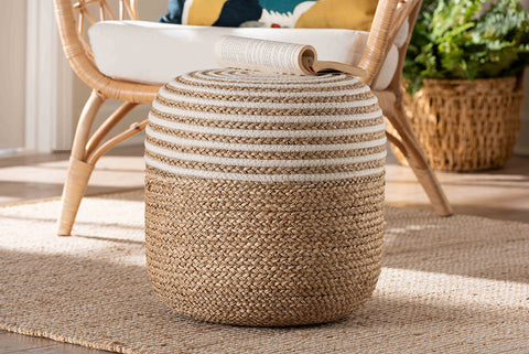 bali & pari Nequiel Modern Bohemian Natural Brown Seagrass and Woven Rope Ottoman Footstool