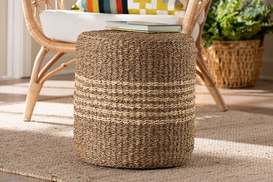 bali & pari Wickham Modern Bohemian Natural Brown Seagrass Ottoman Footstool