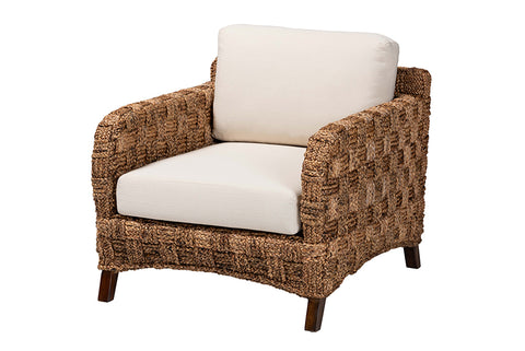 bali & pari Vevina Modern Bohemian Dark Brown Mahogany Wood and Woven Seagrass Arm Chair