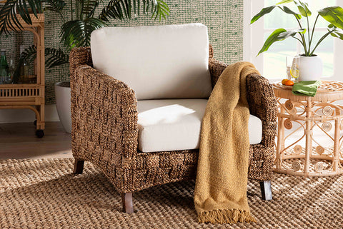 bali & pari Vevina Modern Bohemian Dark Brown Mahogany Wood and Woven Seagrass Arm Chair