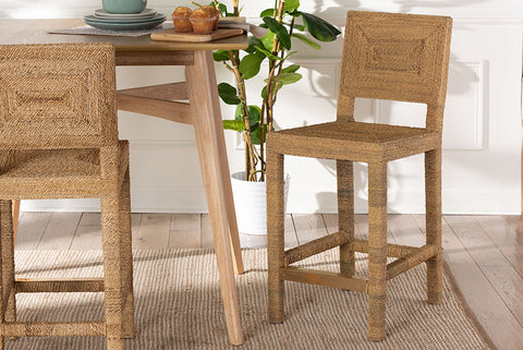 bali & pari Anfield Modern Bohemian Natural Seagrass and Mahogany Wood Counter Stool