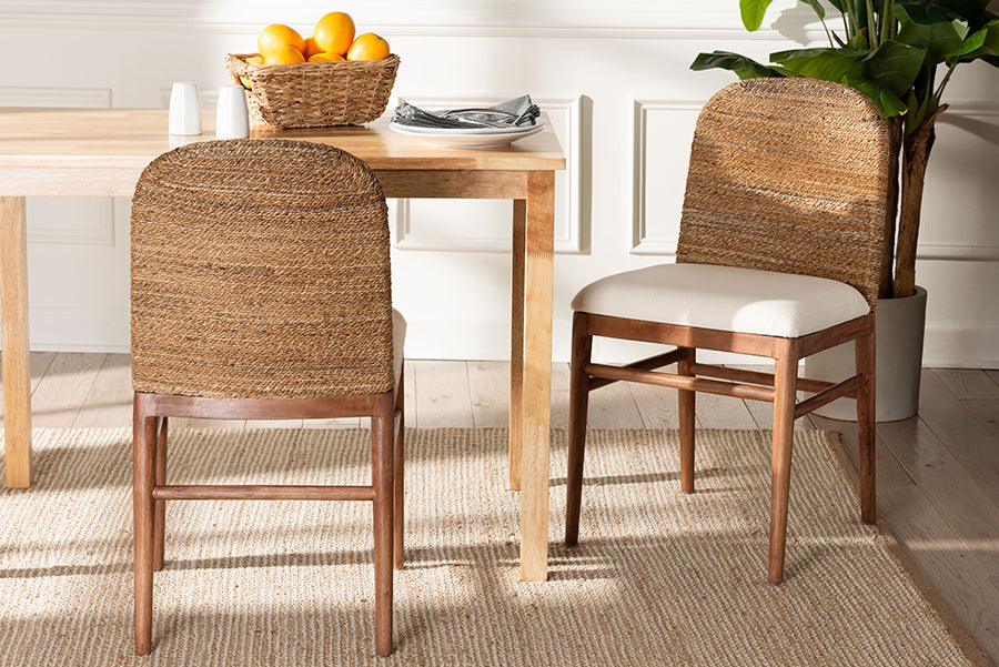 bali & pari Nadim Modern Bohemian Natural Seagrass and Acacia Wood 2-Piece Dining Chair Set