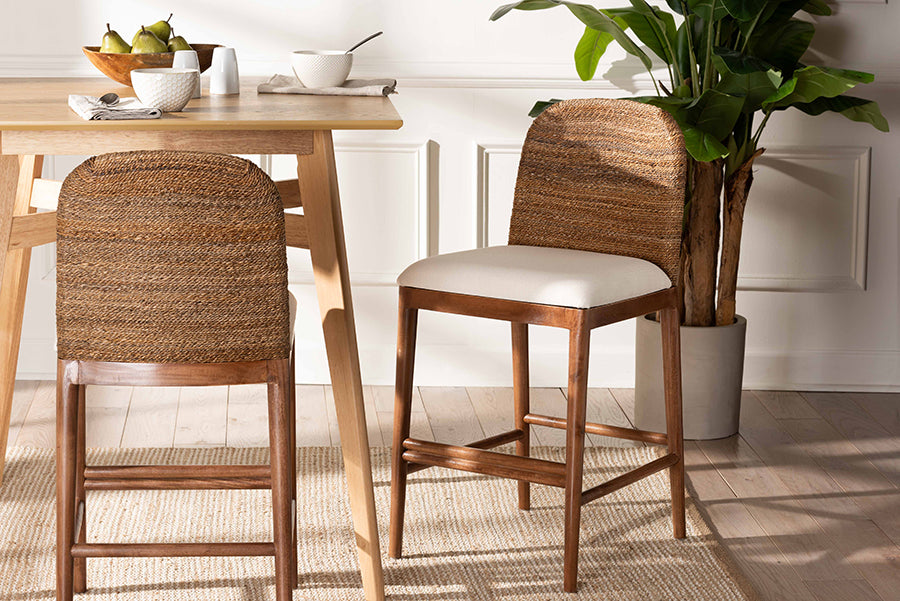 bali & pari Nadim Modern Bohemian Seagrass and Acacia Wood Counter Stool