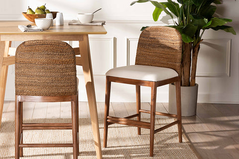 bali & pari Nadim Modern Bohemian Seagrass and Acacia Wood Counter Stool