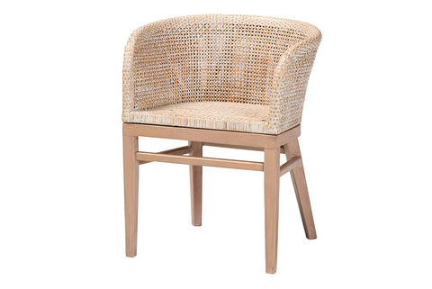 bali & pari Papua Modern Bohemian Antique White Washed Rattan and Mahogany Wood Dining Chair