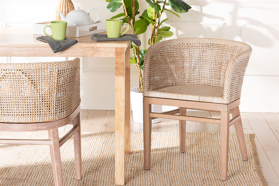 bali & pari Papua Modern Bohemian Antique White Washed Rattan and Mahogany Wood Dining Chair