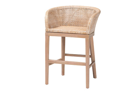 bali & pari Papua Modern Bohemian Antique White Washed Rattan and Mahogany Wood Counter Stool