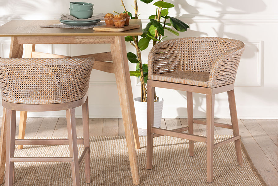 bali & pari Papua Modern Bohemian Antique White Washed Rattan and Mahogany Wood Counter Stool
