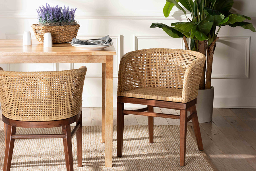 bali & pari Papua Modern Bohemian Natural Rattan and Walnut Brown Acacia Wood Dining Chair