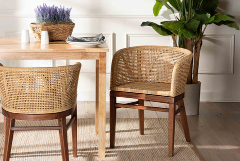 bali & pari Papua Modern Bohemian Natural Rattan and Walnut Brown Acacia Wood Dining Chair