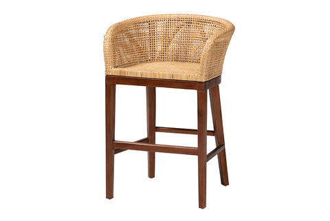 bali & pari Papua Modern Bohemian Natural Rattan and Walnut Brown Acacia Wood Counter Stool