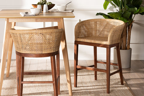 bali & pari Papua Modern Bohemian Natural Rattan and Walnut Brown Acacia Wood Counter Stool