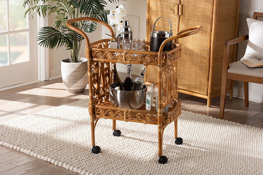 bali & pari Diwata Modern Bohemian Natural Brown Rattan Kitchen Cart