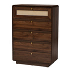 Baxton Studio Jenibelle Classic Walnut Brown Wood 5-Drawer Chest with Rattan Drawer
