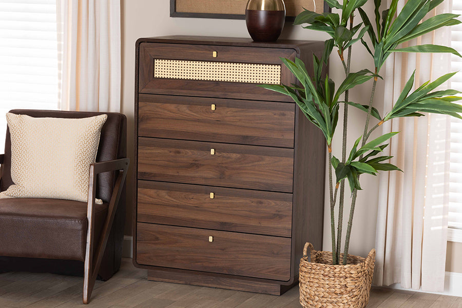 Baxton Studio Jenibelle Classic Walnut Brown Wood 5-Drawer Chest with Rattan Drawer